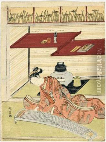 La Joueuse De Koto Oil Painting - Suzuki Harunobu