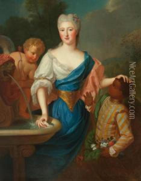 Portrait De Jeune Femme Et Son Page Accompagnee De Cupidon Oil Painting - Pierre Gobert