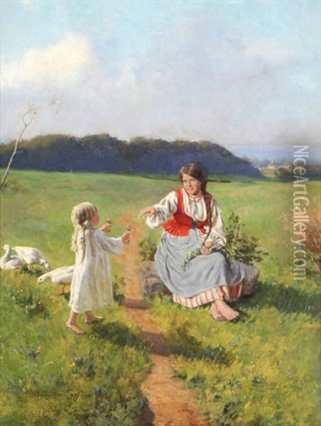 Deux Soeurs Fabriquant Une Couronne De Fleurs Oil Painting - Wladyslaw Szerner