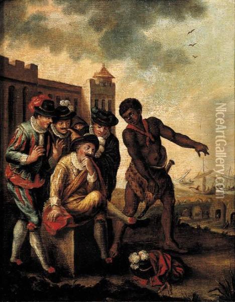 Merchants In Fancy Costume Attended By A Slave In A Mediterranean Harbour Oil Painting - Thomas Wyck