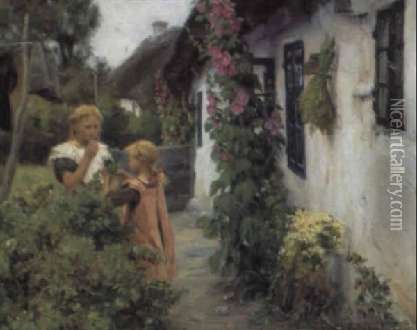 Smapiger Udenfor Et Hus, Sommer Oil Painting - Hans Andersen Brendekilde