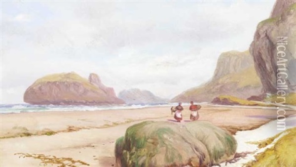 Cockle Pickers (+ Man With Cart Along The Shore; Pair) Oil Painting - James Mahoney