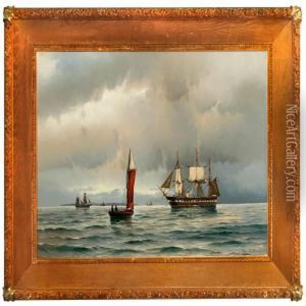Marine Med Fregatten Jylland Ligende For Svaj I Stille Aftenvejr Oil Painting - Vilhelm Bille