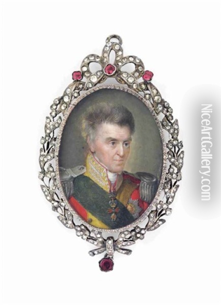 Anton (1755-1836), King Of Saxony 1827-1836, In Red Coat With Gold Facings And Gold-embroidered Collar, Silver Epaulettes, Wearing The Green Sash Of The Royal Saxon Order Of The Rue Crown And The Jewel Of The Order Of The Golden Fleec Oil Painting - Jeremias David Alexander Fiorino