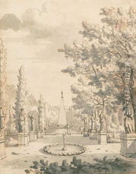 Allee Eines Palastgartens Mit Brunnen, Statuen Und Einem Obelisk. Oil Painting - Josua de Grave