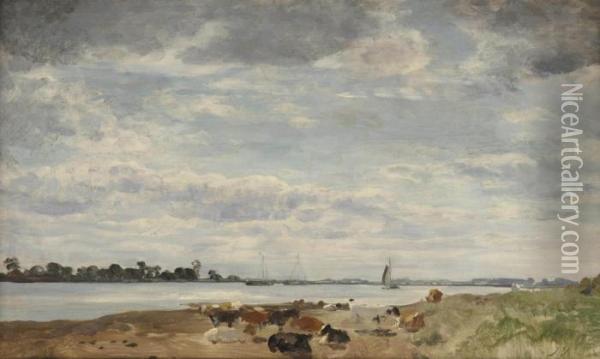 Het Kleine Veer; Cows Resting On The Shore Of The River Ijssel Oil Painting - Floris Verster