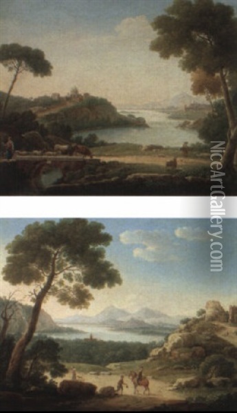 Italianate River Landscape With A Shepherdess Resting On A Bridge Oil Painting - Hendrick Frans van Lint