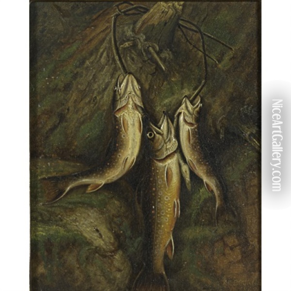 Three Trout Oil Painting - Samuel A. Kilbourne