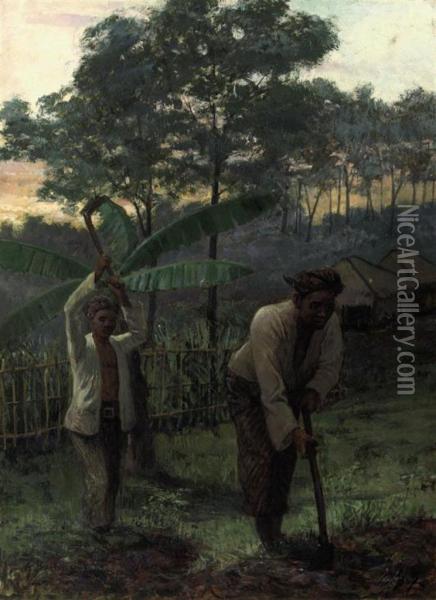 Working On A Field Oil Painting - Gustave Bettinger