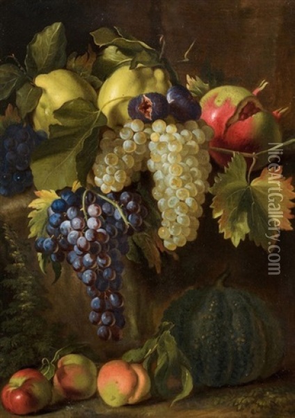 Stilleben Mit Granatapfel, Trauben Und Quitten Oil Painting - Giovanni Battista Ruoppolo