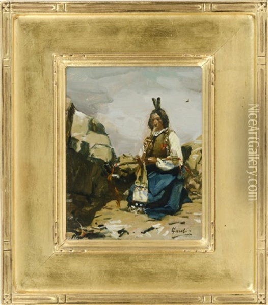 Portrait Of A American Native With Hatchet And Pipe Oil Painting - Gilbert Gaul