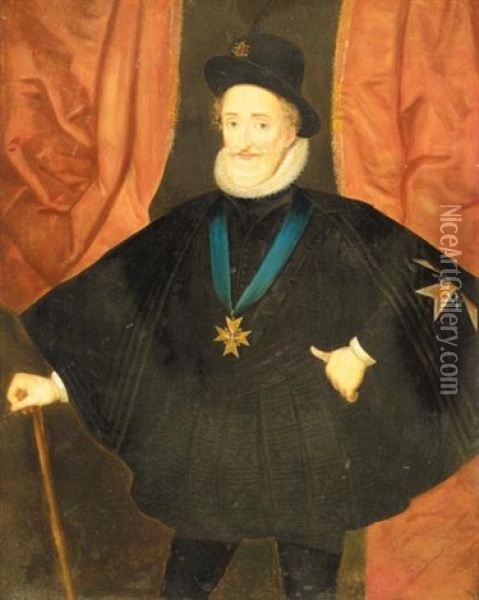 Portrait Of Henri Iv (1553-1610), Three-quarter Length, Wearing Black And The Order Of The Saint Esprit, Before Red Curtains Oil Painting - Frans Pourbus the younger