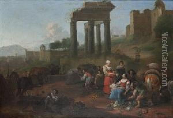 An Italianate Landscape With A Vegetable Seller Before Roman Ruins Oil Painting - Hendrick Mommers