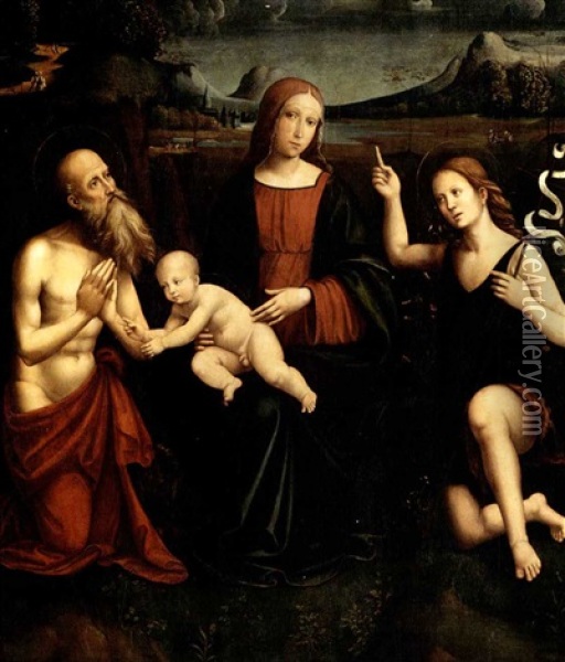 Madonna Col Bambino Tra I Ss. Girolamo E Giovanni Battista Inginocchiati Oil Painting - Francesco Francia