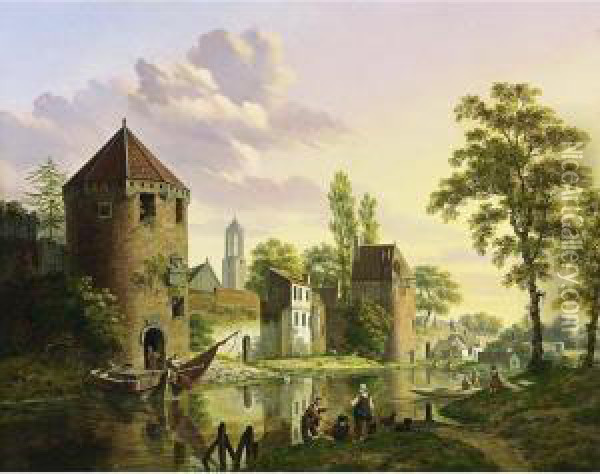 A View Of The Walled City Of Utrecht With The Dom-tower In The Background Oil Painting - Jan Hendrik Verheijen