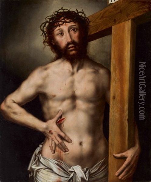 Dornengekronter Christus Mit Dem Kreuz Oil Painting - Jan Sanders (Jan van) Hemessen