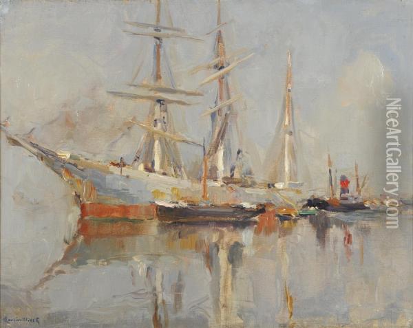 Continental Harbour Scene With Shipping Oil Painting - Maurice Blieck