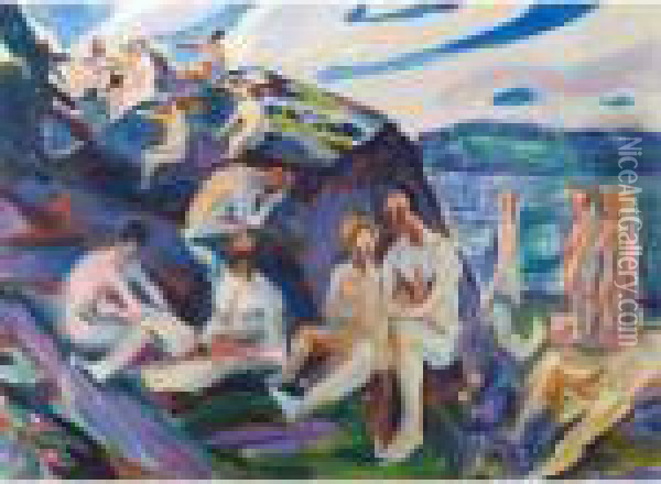 Men Bathing Oil Painting - Edvard Munch