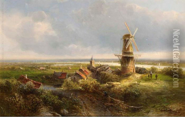 A Windmill In An Extensive Landscape Oil Painting - Pieter Lodewijk Francisco Kluyver