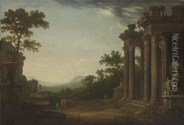 A Classical Landscape With Ruins And Figures In The Foreground Oil Painting - Robert Carver