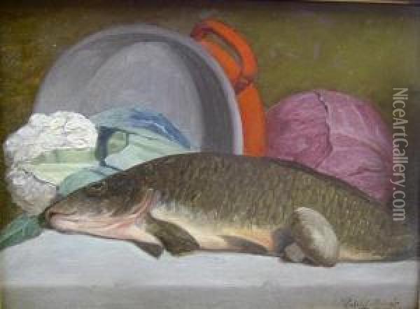Still Life Of Fish And Vegetables Oil Painting - Janos Pentelei-Molnar