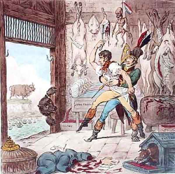 Napoleon Bonaparte 1796-1821 being restrained from butchering the bear of Russia Oil Painting - James Gillray