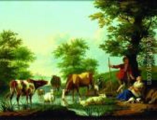 Pastoral Landscape With Livestock And Shepherd Family Oil Painting - Jan van Gool