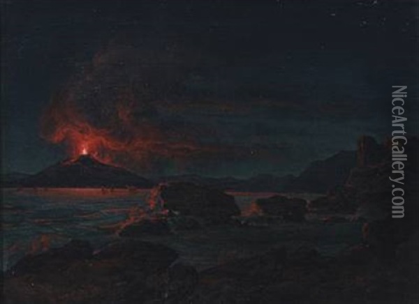 Vesuv I Udbrud Om Natten Oil Painting - Frederik Ludwig Storch