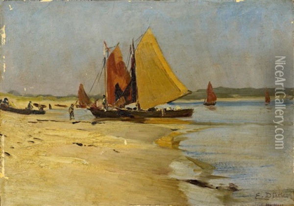 Aufliegende Boote Am Strand Oil Painting - Eugen Gustav Duecker
