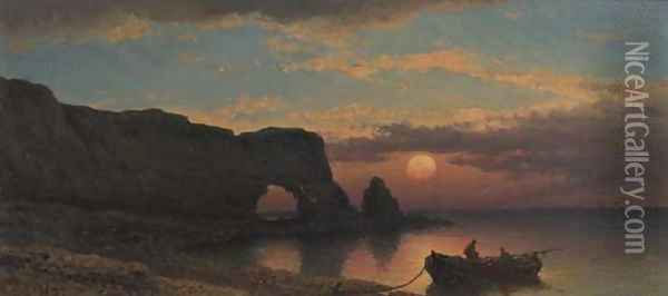 Fishermen at work on a rocky coast at dusk Oil Painting - Johannes Hilverdink