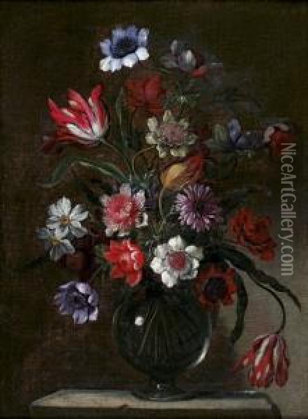 Nature Morte Au Bouquet De Fleurs Dans Un Vase En Verre Oil Painting - Jean-Baptiste Morel