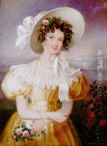A Pretty Young Lady Wearing Yellow Dress With White Lace Collar Oil Painting - William Hudson