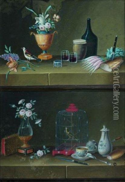 Une Paire De Nature Morte Aux Oiseaux Oil Painting - Johann Rudolf Feyerabend