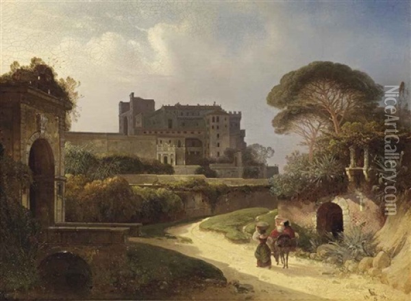A Veduta Of An Italian Castello And Gardens Oil Painting - August Wilhelm Ferdinand Schirmer
