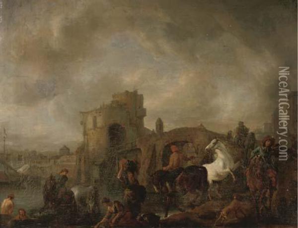 A Hawking Party With Washerwomen And Bathers, A Ship, A Bridge Anda Town Beyond Oil Painting - Pieter Wouwermans or Wouwerman