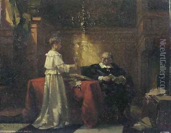 Offering a glass of wine - a study Oil Painting - Johannes Anthonie Balthasar Stroebel