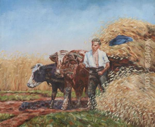 Man With Team Of Oxen In Hay Field Oil Painting - J. Sandow