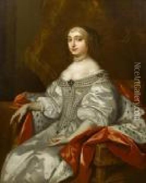 Portrait Of Anne Hyde, Duchess 
Of York, Threequarter Length, Wearing A White Dress And Ermine-lined 
Cape, Seatedbeside A Curtain Oil Painting - Sir Peter Lely