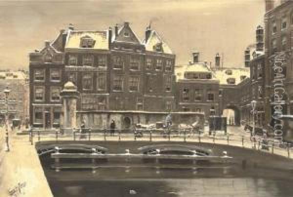The Rokin In Winter, Amsterdam Oil Painting - Tinus De Jong