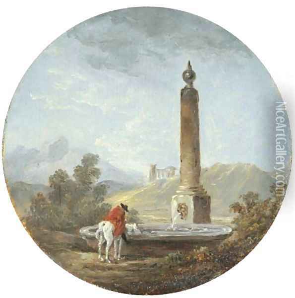 A landscape with a horseman pausing by a fountain Oil Painting - Hubert Robert