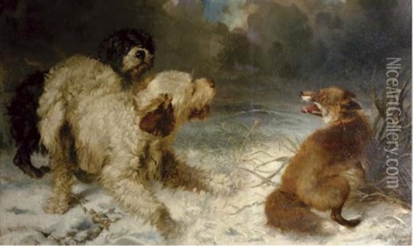A Fox Trapped By Two Hunting Dogs Oil Painting - Carl Fredrik Kiorboe