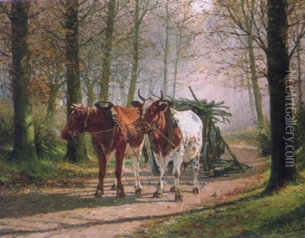 Oxen Hauling A Cart Oil Painting - Adolphe Jacobs