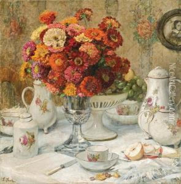 Porcelain And Zinnias Oil Painting - Ludwig Stutz