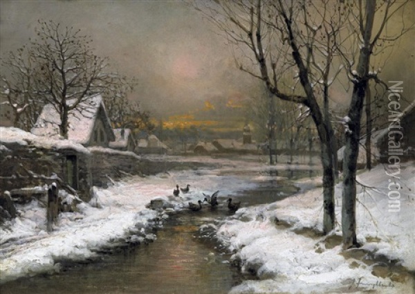 Verschneite Dorflandschaft Im Abendrot Oil Painting - Johann Jungblut