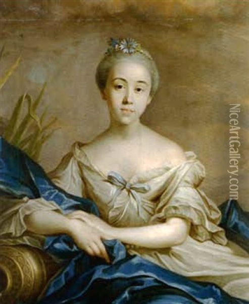 Portrait De Femme De Qualite En Source Avec Des Fleurs Et Des Perles Dans Ses Cheveux Oil Painting - Jean Marc Nattier