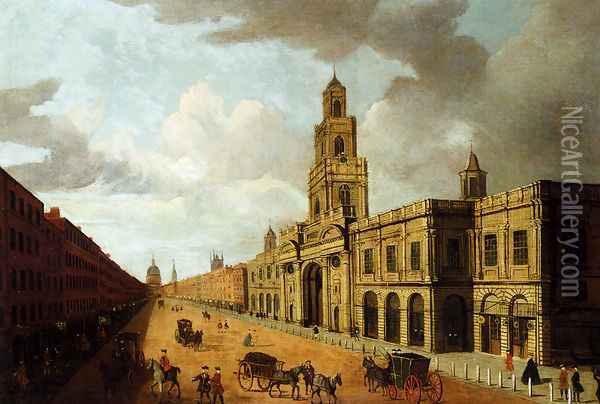 View Of The Royal Exchange, Cornhill, St Paul's Cathedral Beyond Oil Painting - John Paul