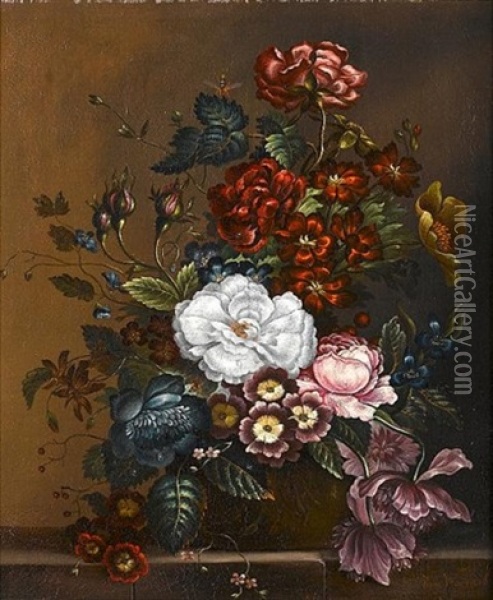 Roses, Primulae And Other Flowers On A Stone Ledge Oil Painting - Petronella Woensel