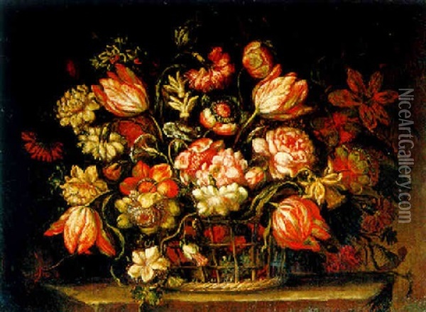 Blumenstraus Von Tulpen, Rosen, Nelken Und Anderen Blumen In Einem Korb Oil Painting - Bartolome Perez