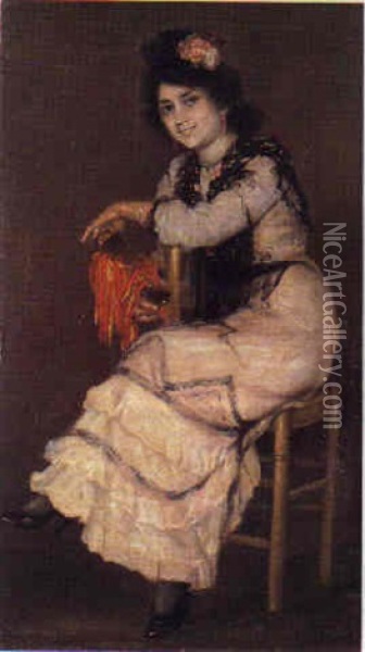 Retrato De Cuerpo Entero De Mujer Espanola Con Peineta, Manton Y Castanuelas Oil Painting - Ignacio Pinazo Camarlench