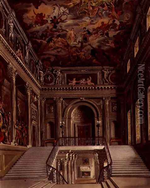 Staircase, Buckingham House, engraved by William James Bennett 1787-1844 from The History of the Royal Residences by William Henry Pyne 1769-1843 pub. 1818 Oil Painting - James Stephanoff